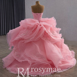 Blushing Pink Ball Gown with Cascading Ruffles and Sequined Lace Bodice - Rosymae