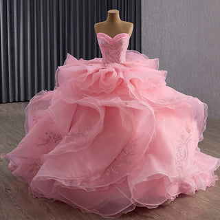 Blushing Pink Ball Gown with Cascading Ruffles and Sequined Lace Bodice - Rosymae