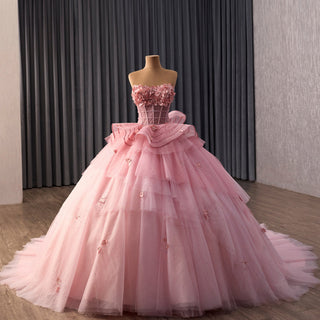 Blushing Pink Quinceanera Dress Sequins Appliques Pearl Cascading Ruffles - Rosymae