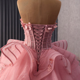 Blushing Pink Quinceanera Dress Sequins Appliques Pearl Cascading Ruffles - Rosymae