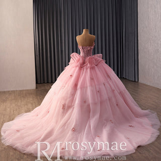 Blushing Pink Quinceanera Dress Sequins Appliques Pearl Cascading Ruffles - Rosymae