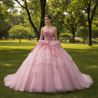 Blushing Pink Quinceanera Dress Sequins Appliques Pearl Cascading Ruffles - Rosymae