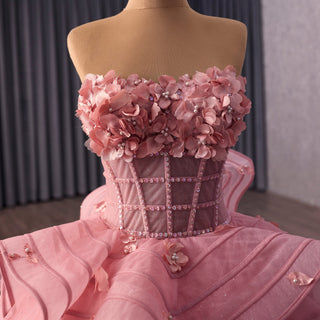Blushing Pink Quinceanera Dress Sequins Appliques Pearl Cascading Ruffles - Rosymae