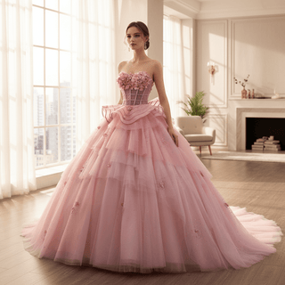 Blushing Pink Quinceanera Dress Sequins Appliques Pearl Cascading Ruffles - Rosymae