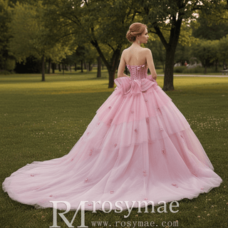 Blushing Pink Quinceanera Dress Sequins Appliques Pearl Cascading Ruffles - Rosymae