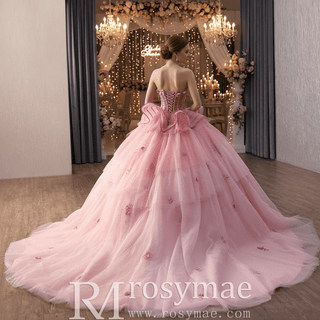 Blushing Pink Quinceanera Dress Sequins Appliques Pearl Cascading Ruffles - Rosymae