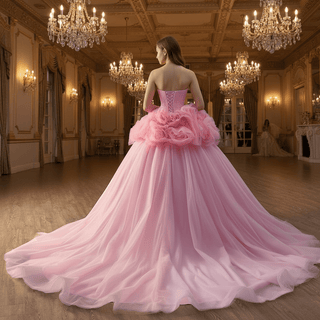 Blushing Pink Ruffle Prom Gown Quinceañera Dress with Tiered Tulle Skirt - Rosymae