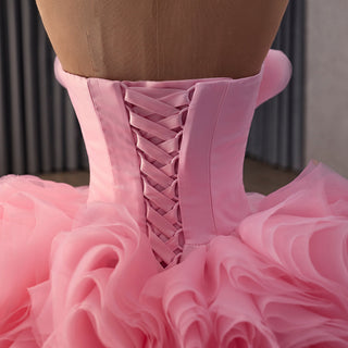 Blushing Pink Ruffle Prom Gown Quinceañera Dress with Tiered Tulle Skirt - Rosymae