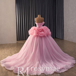 Blushing Pink Ruffle Prom Gown Quinceañera Dress with Tiered Tulle Skirt - Rosymae