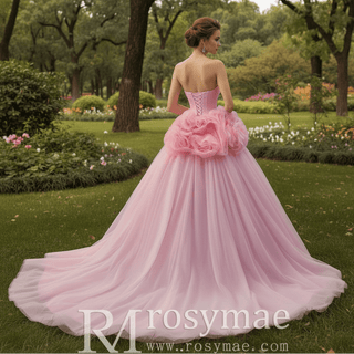 Blushing Pink Ruffle Prom Gown Quinceañera Dress with Tiered Tulle Skirt - Rosymae