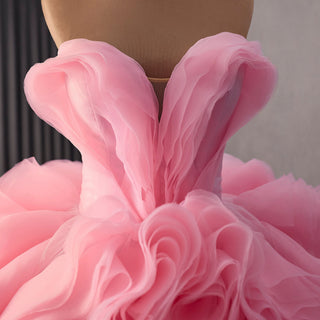 Blushing Pink Ruffle Prom Gown Quinceañera Dress with Tiered Tulle Skirt - Rosymae