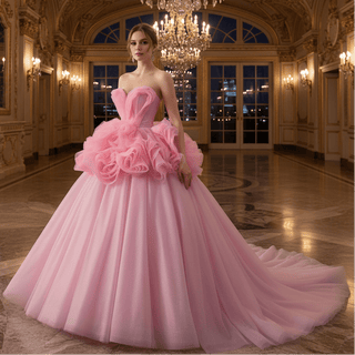 Blushing Pink Ruffle Prom Gown Quinceañera Dress with Tiered Tulle Skirt - Rosymae