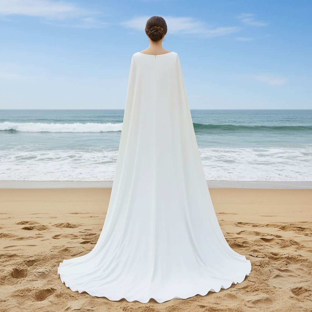 Simple Backless Mermaid High Neck Wedding Dress with Long Cape Champagne / 30W Simple Backless Mermaid High Neck Wedding Dress with Long Cape Champagne / 30W