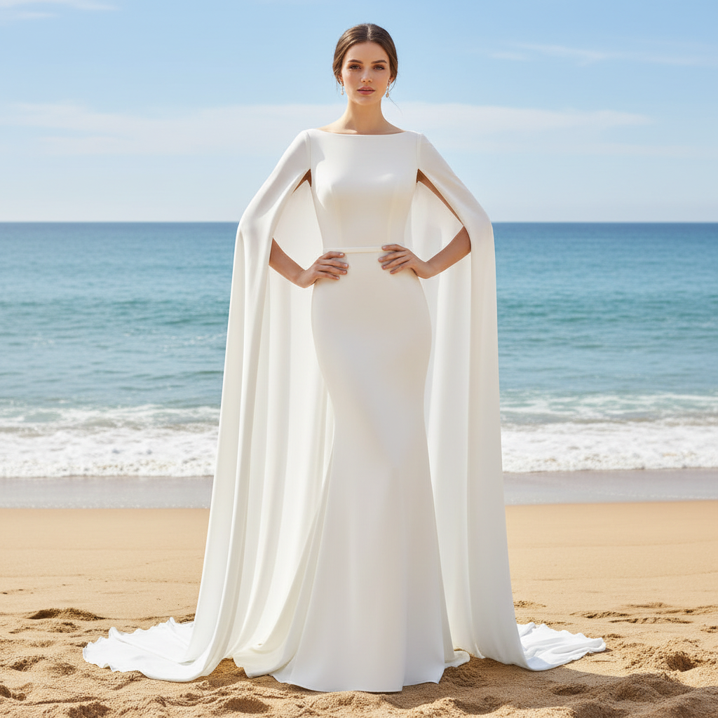 Simple Backless Mermaid High Neck Wedding Dress with Long Cape Champagne / 30W Simple Backless Mermaid High Neck Wedding Dress with Long Cape Champagne / 30W