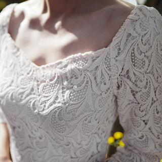 Boat Neck Mid Calf Lace Wedding Dress with Three Quarter Sleeve - Rosymae