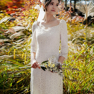Boat Neck Mid Calf Lace Wedding Dress with Three Quarter Sleeve - Rosymae