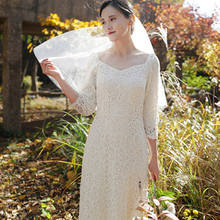 Boat Neck Mid Calf Lace Wedding Dress with Three Quarter Sleeve - Rosymae