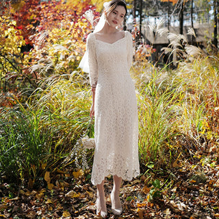Boat Neck Mid Calf Lace Wedding Dress with Three Quarter Sleeve - Rosymae