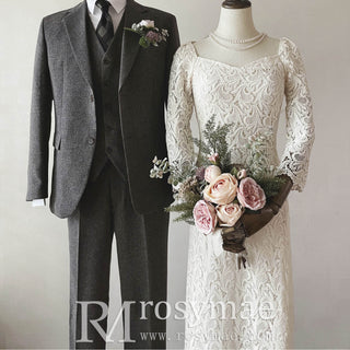 Boat Neck Mid Calf Lace Wedding Dress with Three Quarter Sleeve - Rosymae