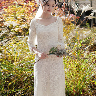Boat Neck Mid Calf Lace Wedding Dress with Three Quarter Sleeve - Rosymae