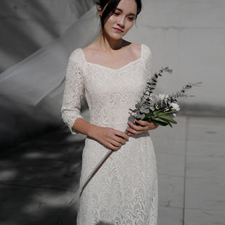 Boat Neck Mid Calf Lace Wedding Dress with Three Quarter Sleeve - Rosymae