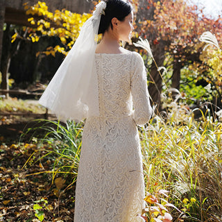 Boat Neck Mid Calf Lace Wedding Dress with Three Quarter Sleeve - Rosymae