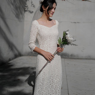 Boat Neck Mid Calf Lace Wedding Dress with Three Quarter Sleeve - Rosymae