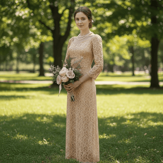 Boat Neck Mid Calf Lace Wedding Dress with Three Quarter Sleeve - Rosymae