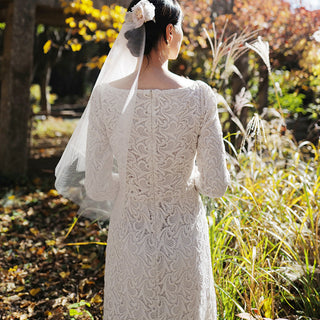 Boat Neck Mid Calf Lace Wedding Dress with Three Quarter Sleeve - Rosymae