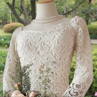 Boat Neck Mid Calf Lace Wedding Dress with Three Quarter Sleeve - Rosymae