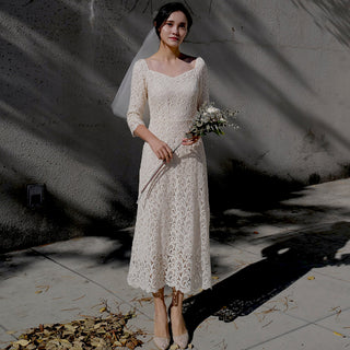 Boat Neck Mid Calf Lace Wedding Dress with Three Quarter Sleeve - Rosymae