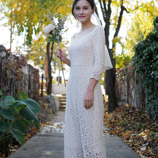 Boat Neck Mid Calf Lace Wedding Dress with Three Quarter Sleeve - Rosymae