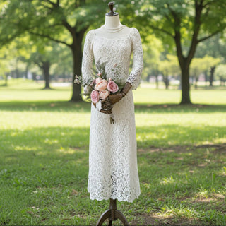 Boat Neck Mid Calf Lace Wedding Dress with Three Quarter Sleeve - Rosymae