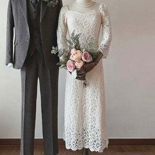 Boat Neck Mid Calf Lace Wedding Dress with Three Quarter Sleeve - Rosymae
