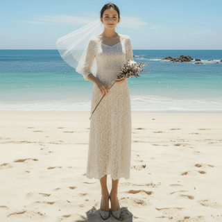 Boat Neck Mid Calf Lace Wedding Dress with Three Quarter Sleeve - Rosymae