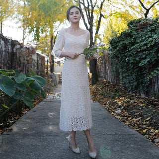 Boat Neck Mid Calf Lace Wedding Dress with Three Quarter Sleeve - Rosymae