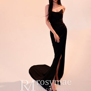 Glamorous Black Boat Mermaid Prom Dress with Leg Slit