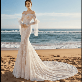 Bohemian Lace Mermaid Wedding Dress with Off-Shoulder - Rosymae
