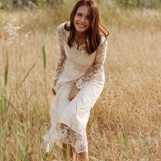 Elegant Bohemian-style Lace Midi Wedding Dress with Long Sleeve