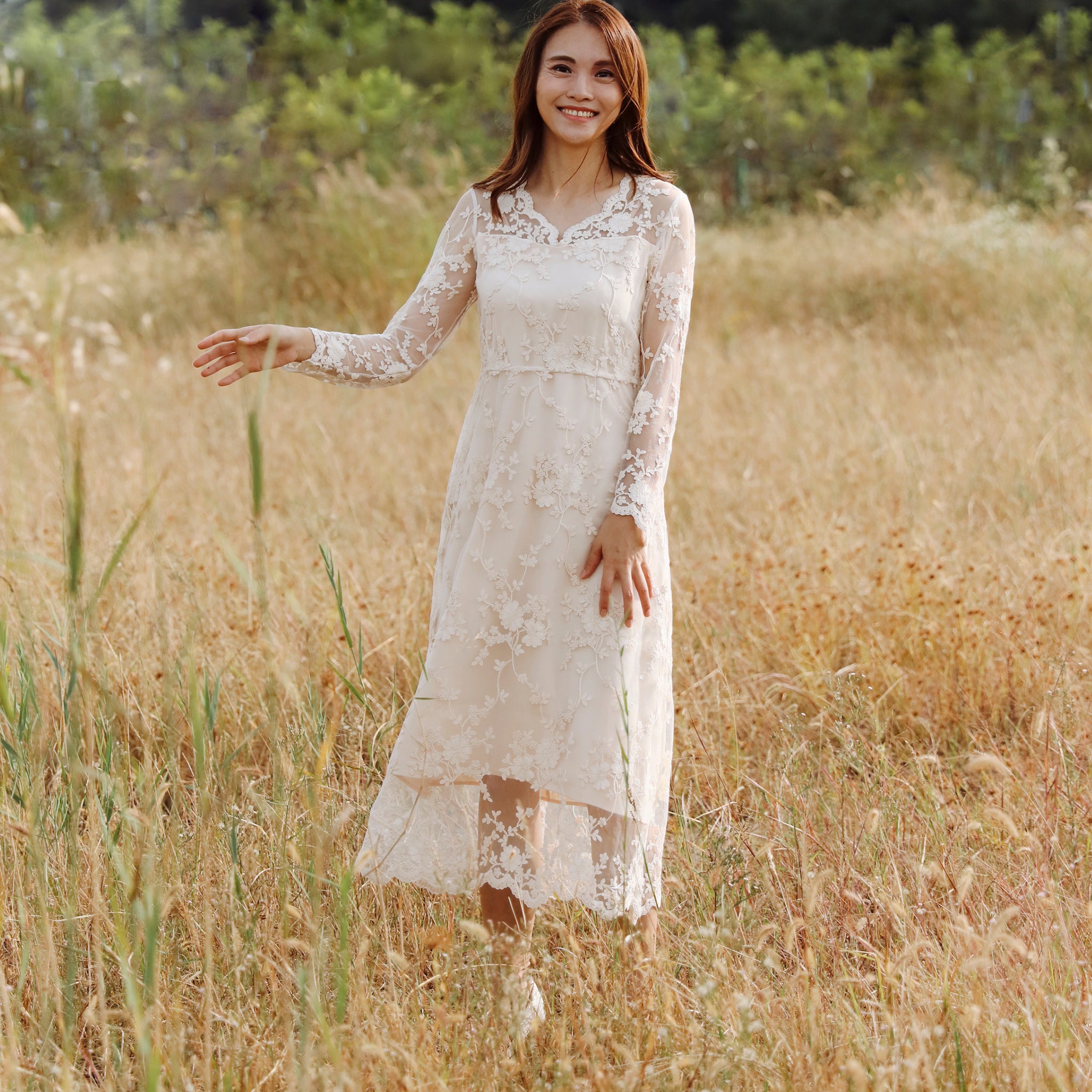 Elegant Bohemian-style Lace Midi Wedding Dress with Long Sleeve Off White / 16 Elegant Bohemian-style Lace Midi Wedding Dress with Long Sleeve Off White / 16