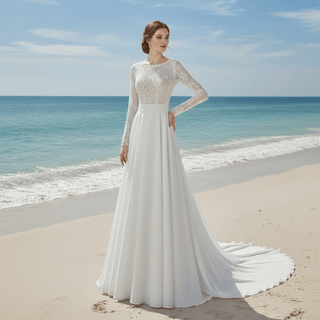 Boho A-Line Long Sleeve Wedding Dress with Illusion Lace - Rosymae