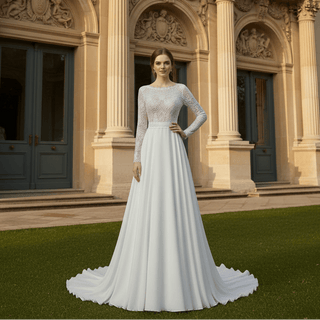 Boho A-Line Long Sleeve Wedding Dress with Illusion Lace - Rosymae