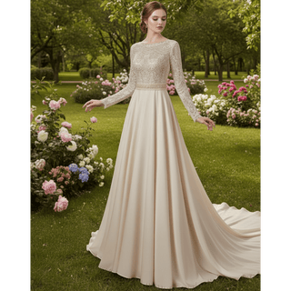 Boho A-Line Long Sleeve Wedding Dress with Illusion Lace - Rosymae