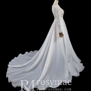 Boho A-Line Long Sleeve Wedding Dress with Illusion Lace - Rosymae