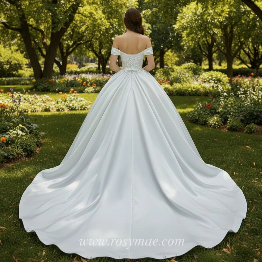 Off Shoulder Satin Wedding Gown Simple Classy Wedding Dress White / 30W Off Shoulder Satin Wedding Gown Simple Classy Wedding Dress White / 30W