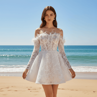 Boho Off-Shoulder Mini Wedding Dress with Feather Trim - Rosymae