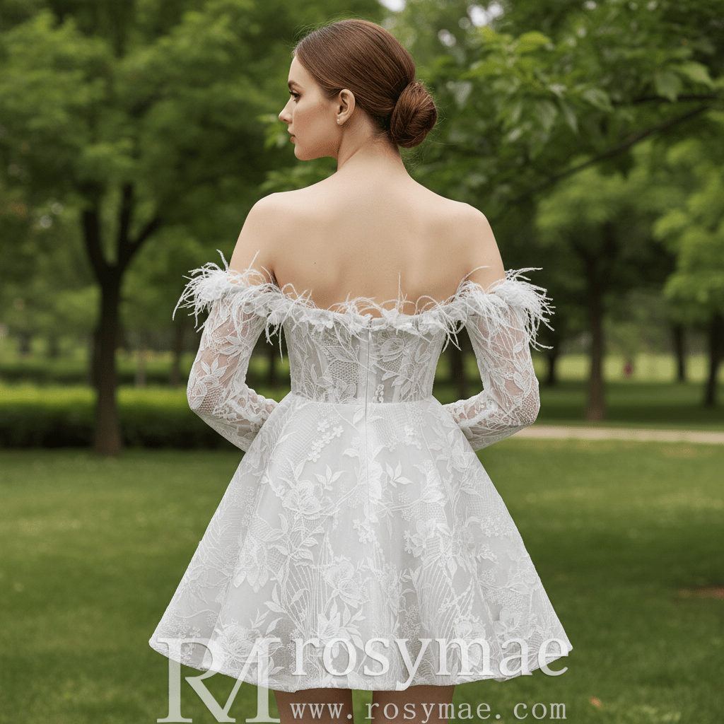 Boho Off-Shoulder Mini Wedding Dress with Feather Trim - Rosymae