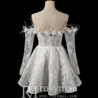 Boho Off-Shoulder Mini Wedding Dress with Feather Trim - Rosymae
