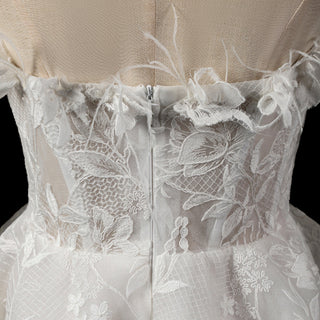 Boho Off-Shoulder Mini Wedding Dress with Feather Trim - Rosymae