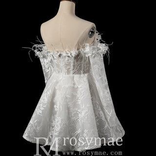 Boho Off-Shoulder Mini Wedding Dress with Feather Trim - Rosymae